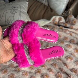 Pink Furry Slippers with Rhinestone Straps